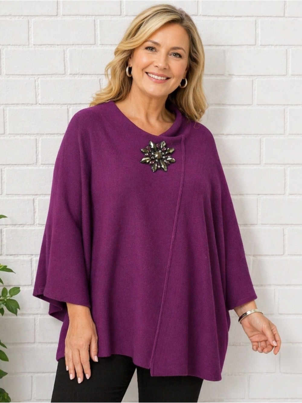 JM Collection Rich Purple Knit Classic Cottagecore Poncho/size L